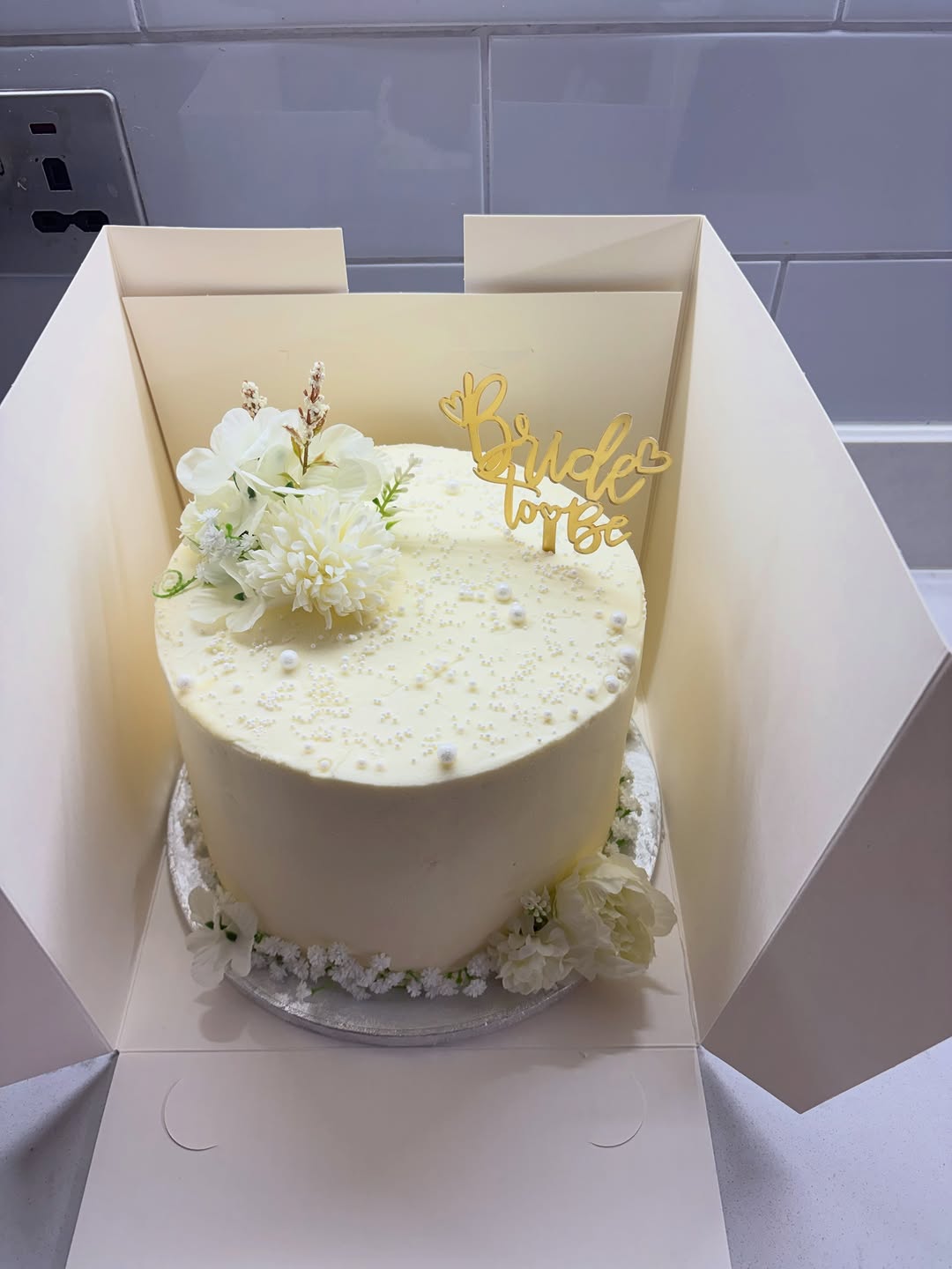 Boxed pearl bridal shower cake ready for collection — Cakes by Leila